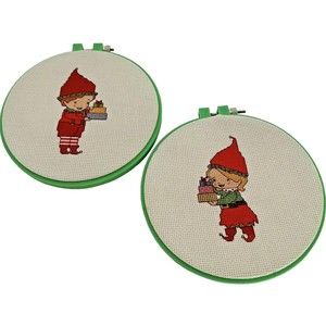 Cross Stitch Santa’s Elves Completed Christmas Green Vintage Hoops  SET Of‎ 2